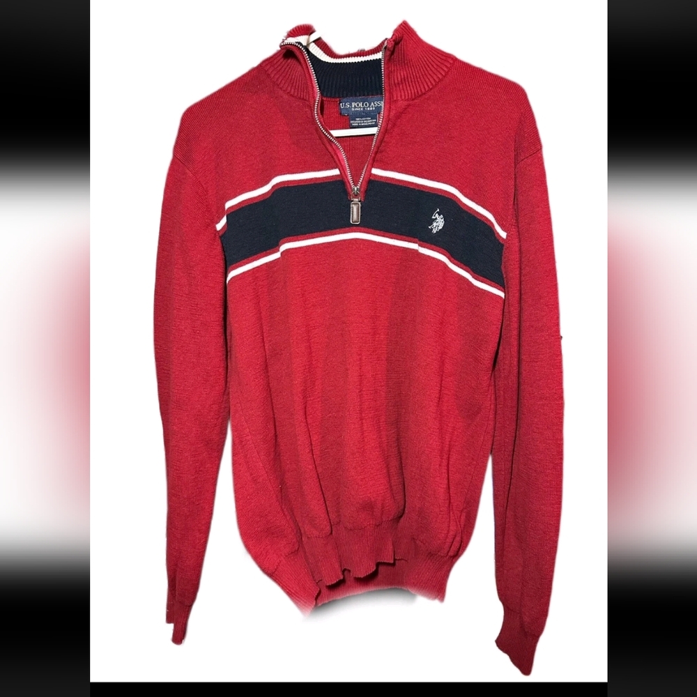 Polo US Assn 1/4 Zip Sweater Men L Long Sleeve Mock Neck 100% Cotton red